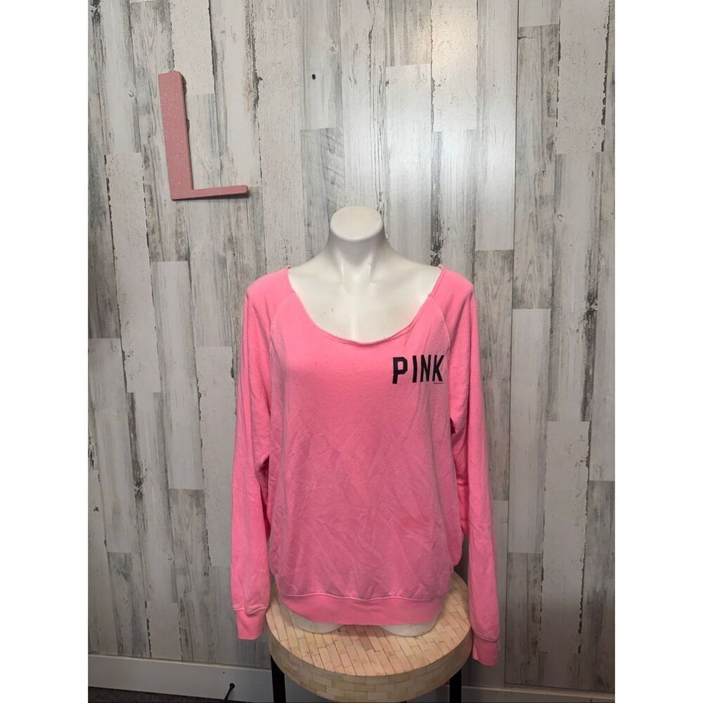 PINK Victoria's Secret Sweatshirt Womens Large Pink Off Shoulder Raw Hem Pullove